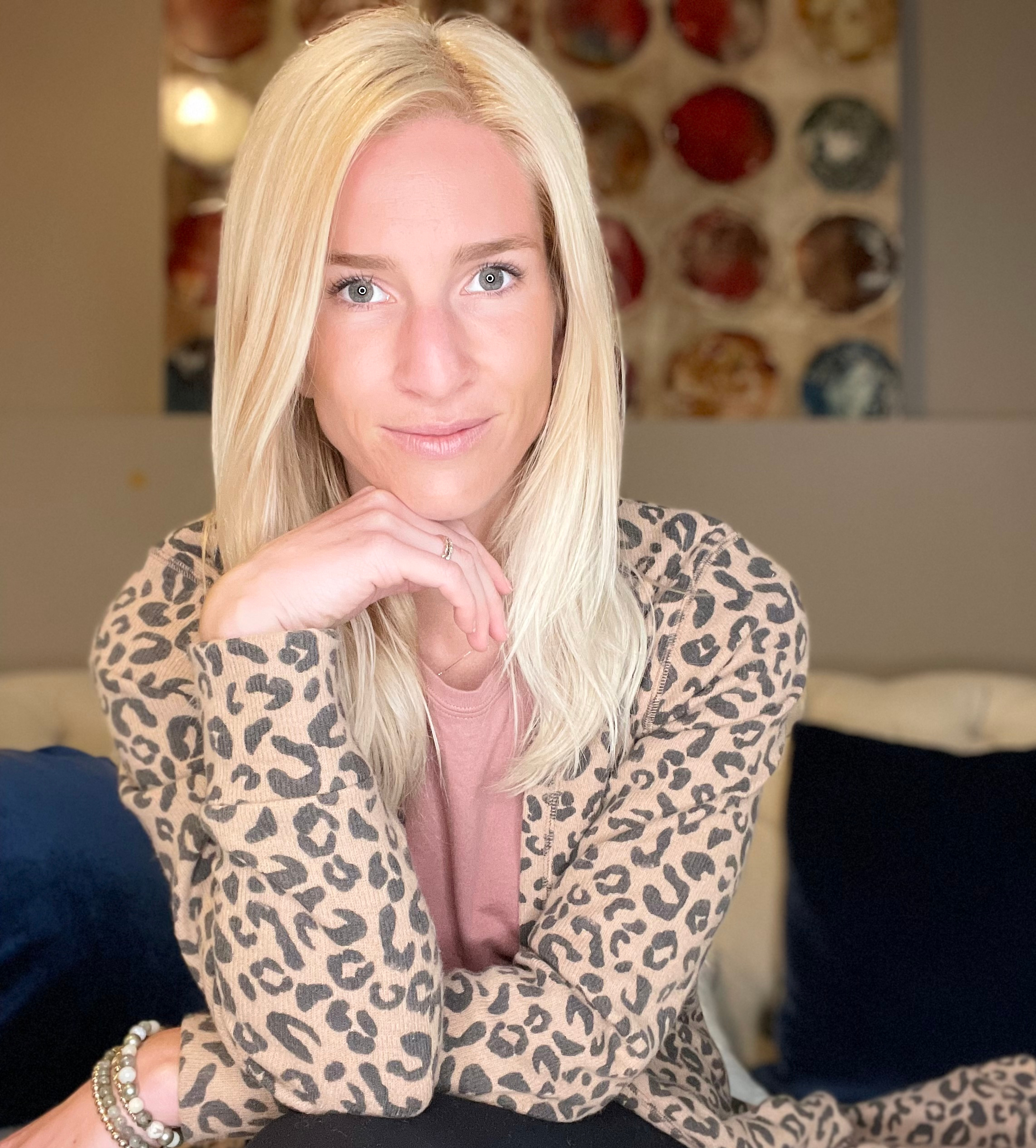 blonde woman in leopard print